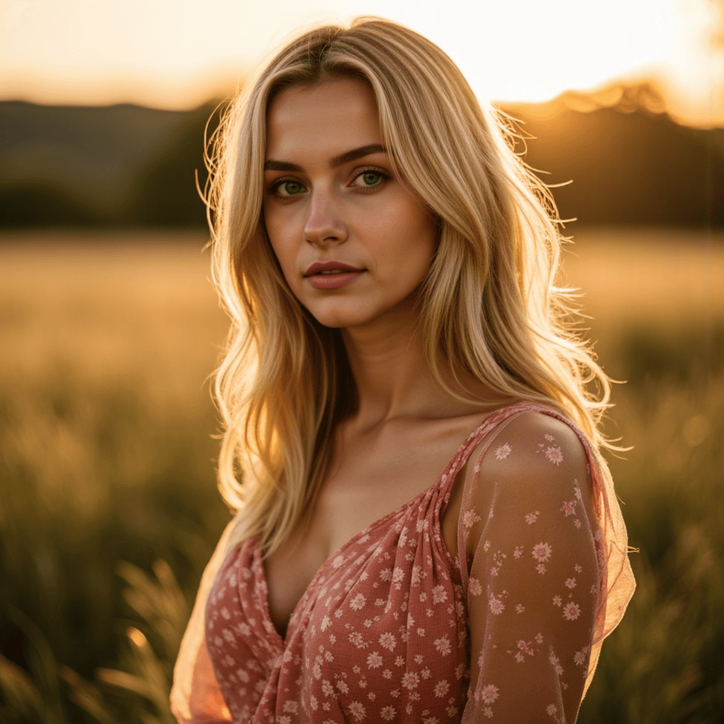 ИИ-Портрет: Закат и Красное Платье в Деревне