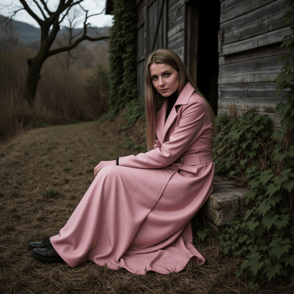 Мрачная готика: Розовый кожаный тренч в деревне