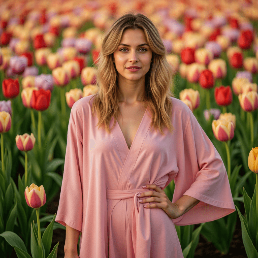 Тюльпаны и уют: фотосессия в розовом халате
