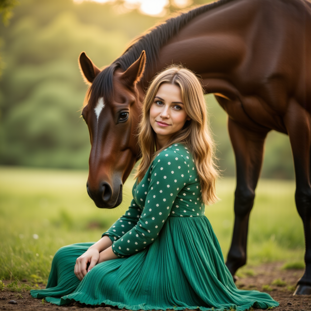 Утренняя фотосессия с лошадью: изумрудное сияние - Фотосессия с нейросетью