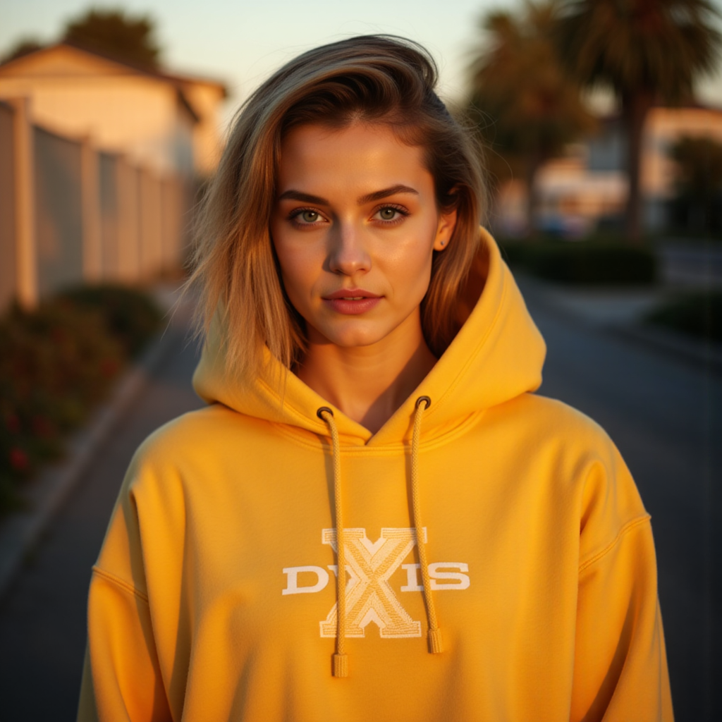 Нейросеть: Streetwear портрет в золотом худи - Фотосессия с нейросетью