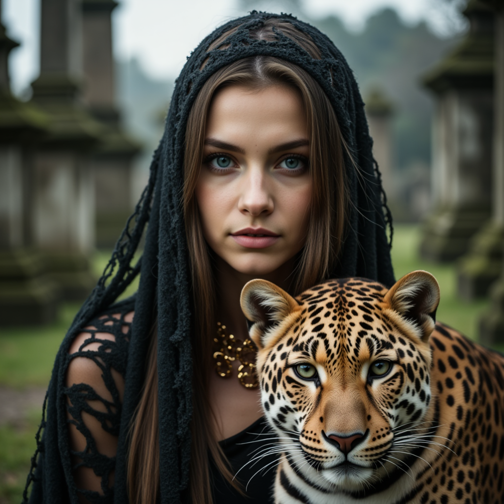 Готическая фотосессия: Леопард, вуаль и кладбище
 - Фотосессия с ИИ AIQA