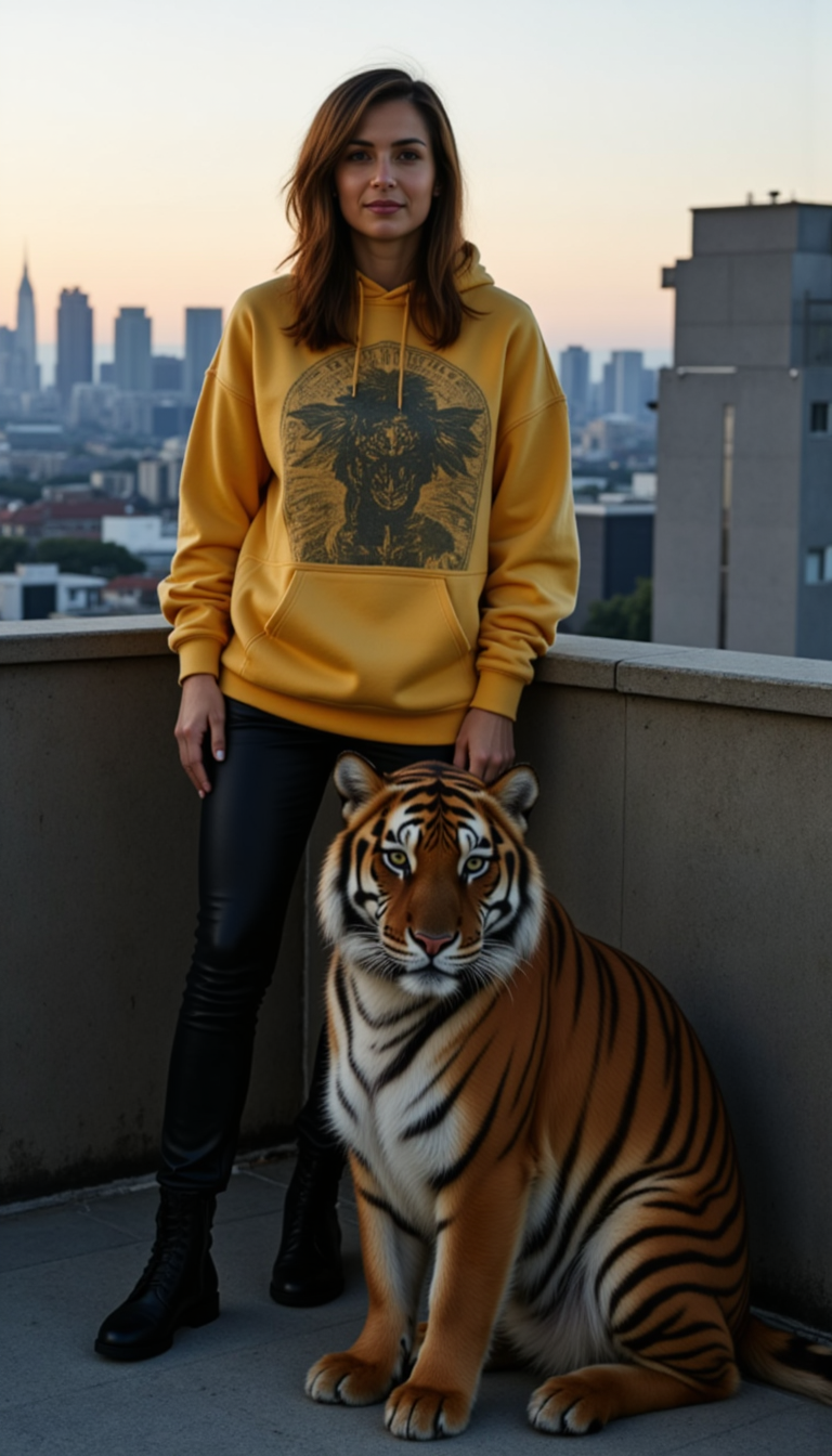 Фотосет с тигром: Gold Hoodie & Skyline (AI)
 - Фотосессия с нейросетью