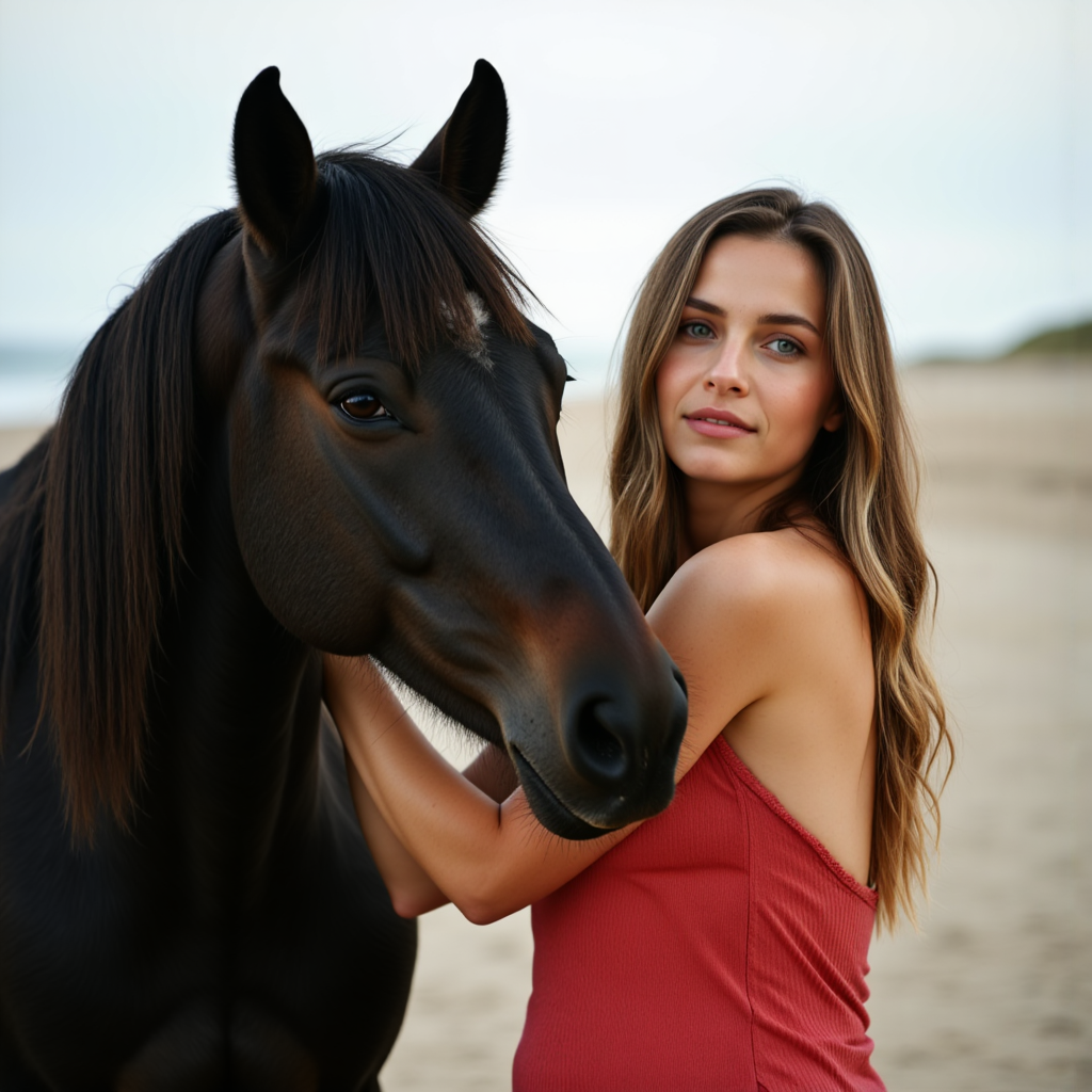 Фотосессия: Черная лошадь и девушка на пляже - Фотосессия с нейросетью