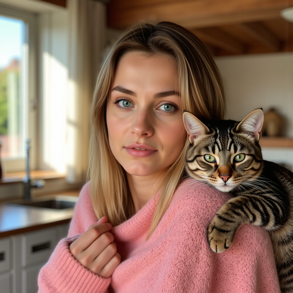 Уютная фотосессия с кошкой: образ в розовом свитере
 - Фотосессия с нейросетью
