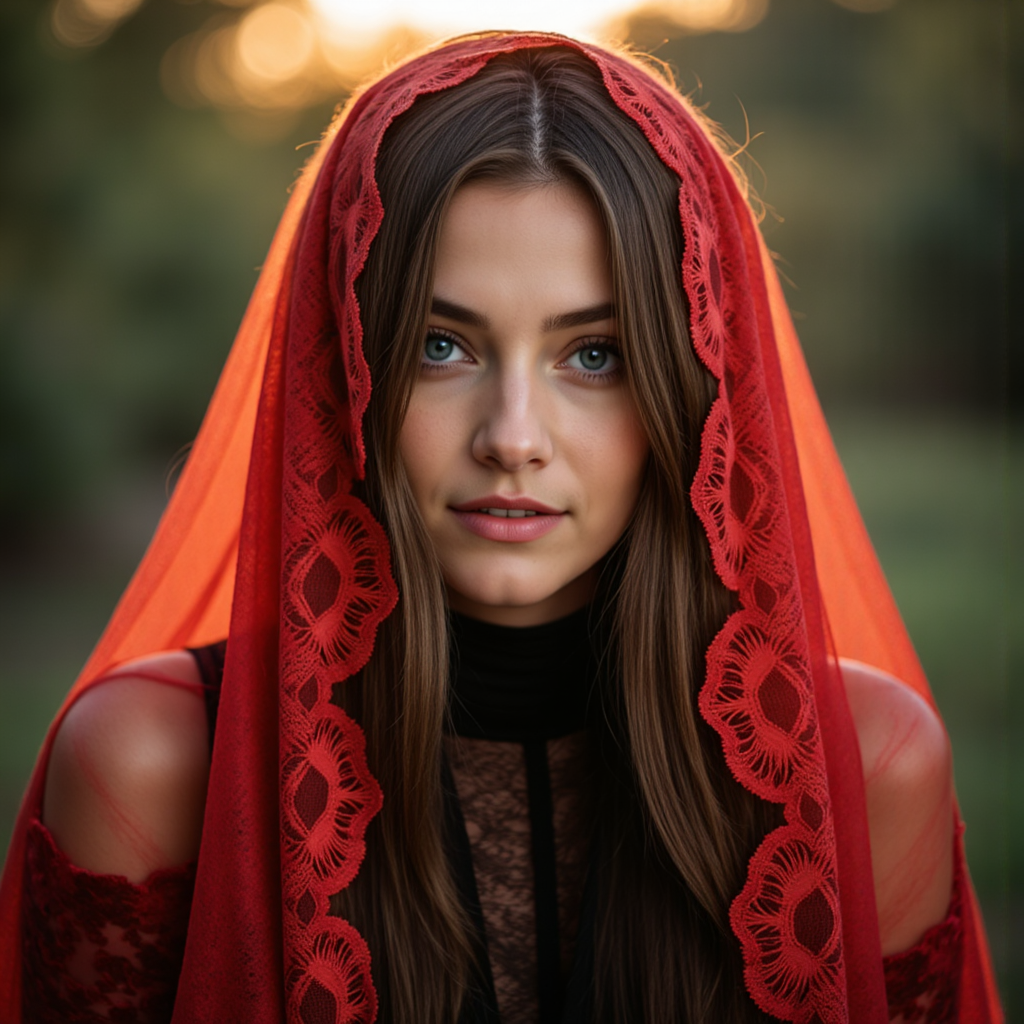 Готический портрет нейросетью: Красный вуаль и шик - Фотосессия с нейросетью