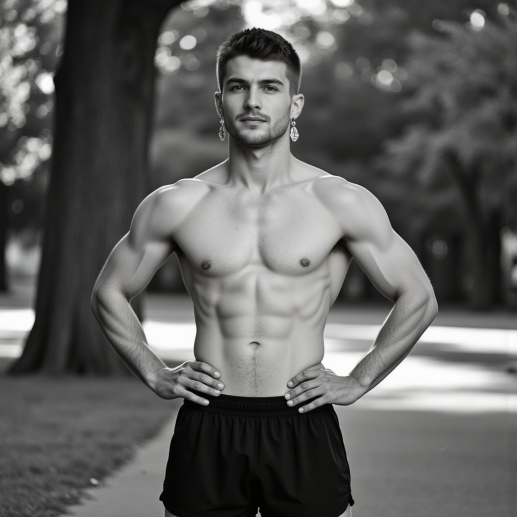 Мужская фотосессия в парке: спорт и характер.
 - Фотосессия с ИИ AIQA