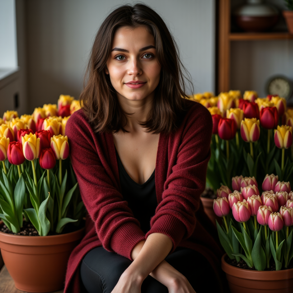 Тихая фотосессия с тюльпанами: Интроспективный вечер - Фотосессия с ИИ AIQA