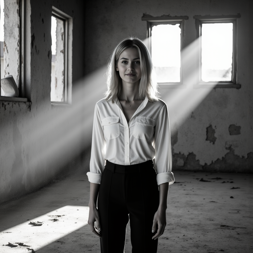 Заброшенное здание: Ч/Б фотосессия с моделью в джинсах
 - Фотосессия с нейросетью