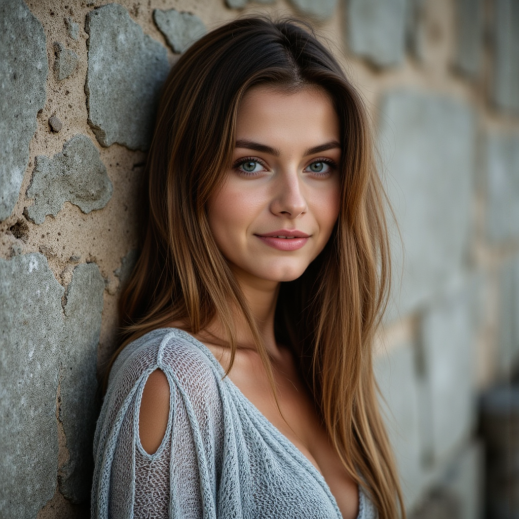 AI Фото: Естественная Красота в Серой Накидке - Фотосессия с нейросетью