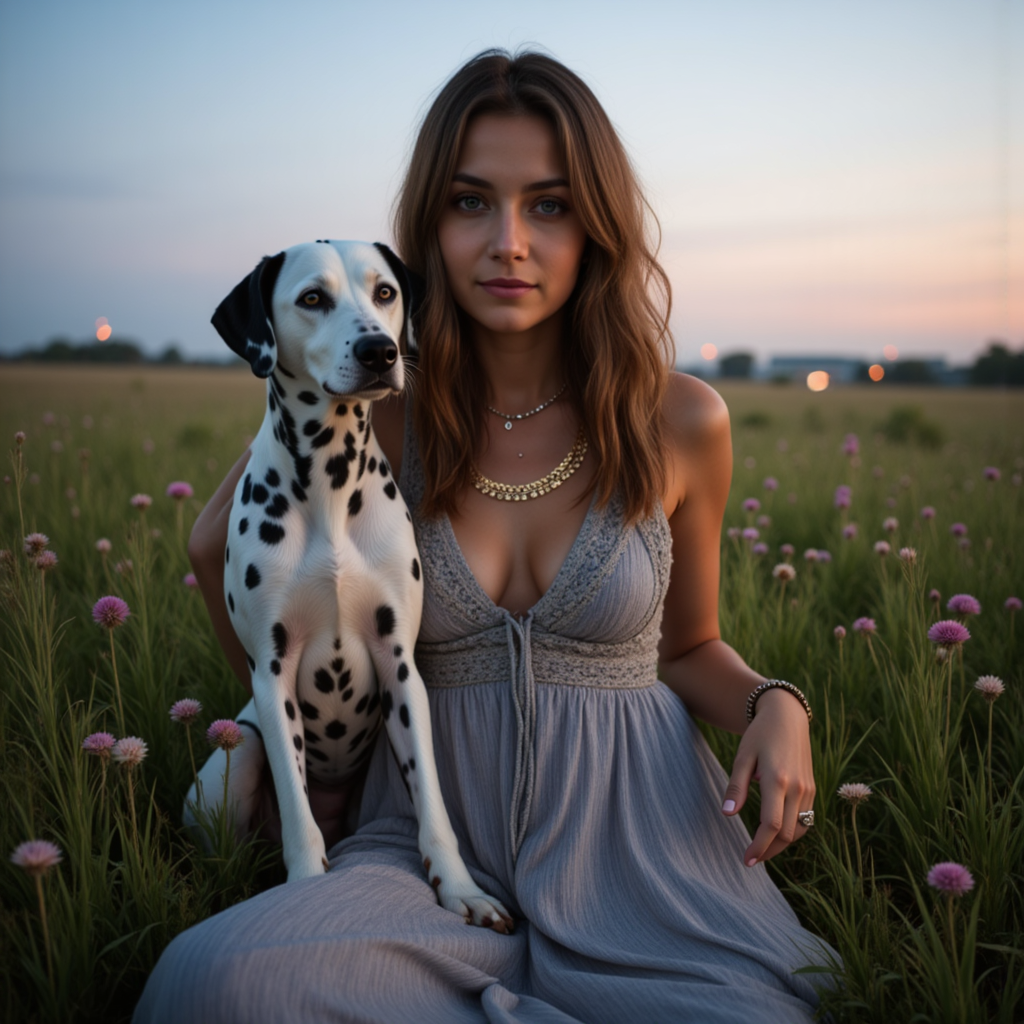 Да, вот подходящий заголовок:

**Фотосессия с Далматином: Бохо-шик в поле**
 - Фотосессия с нейросетью