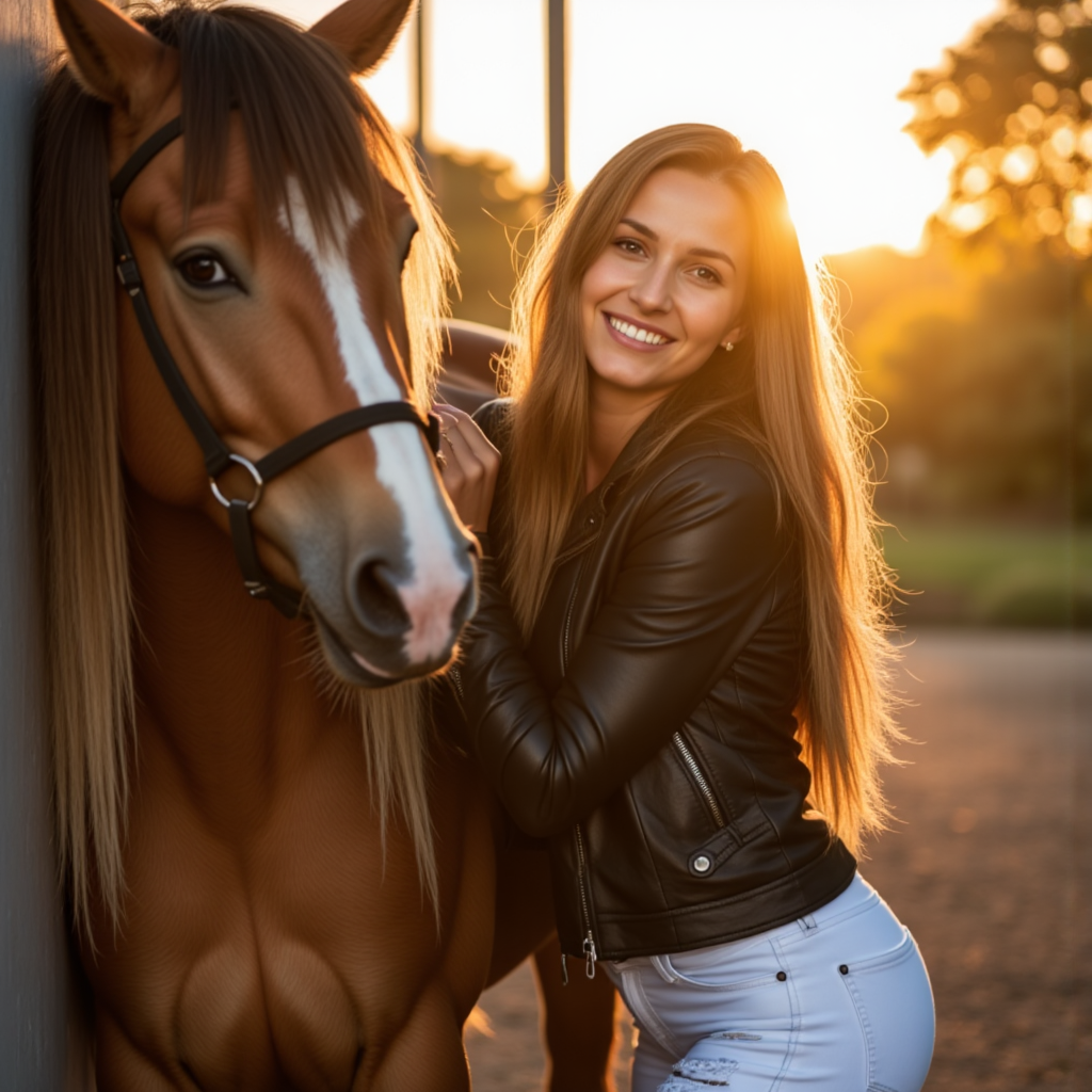 Позы для фото с лошадью на закате в стиле casual - Фотосессия с нейросетью