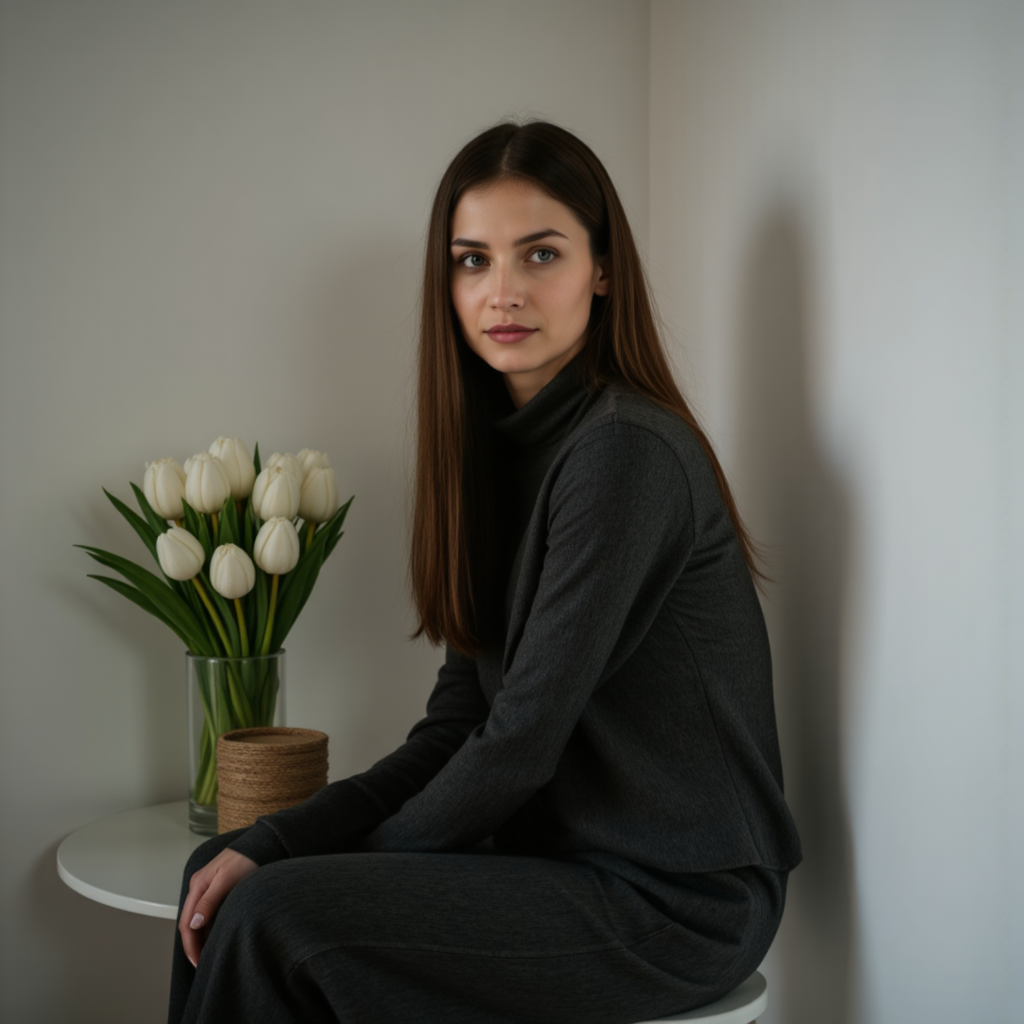 Спокойствие в тюльпанах: фотосессия у стены - Фотосессия с нейросетью