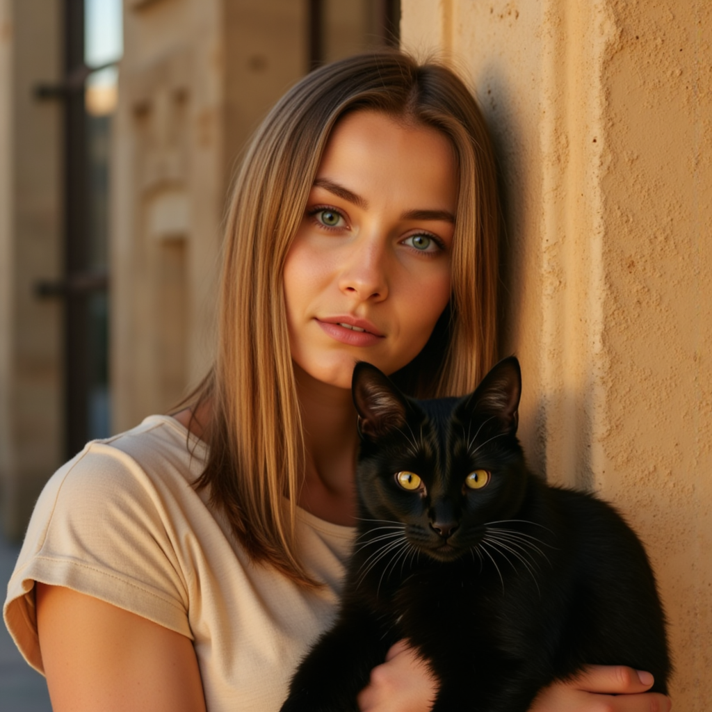 Женская фотосессия с кошкой в Египте: Хипстер стиль
 - Фотосессия с нейросетью