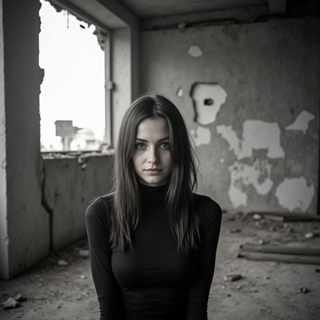 Ч/б фотосессия: Дерзкий шик в заброшке.
 - Фотосессия с нейросетью