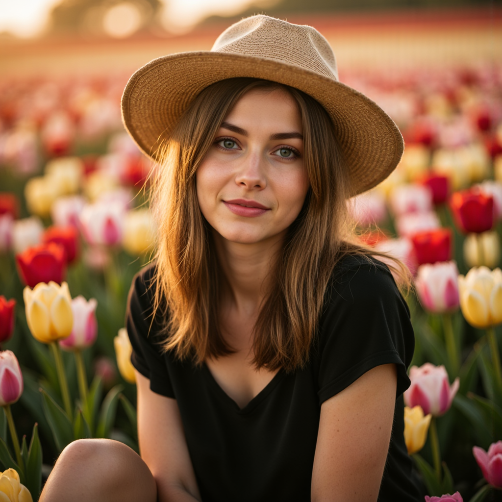 Пасторальная фотосессия с тюльпанами: Портрет - Фотосессия с нейросетью