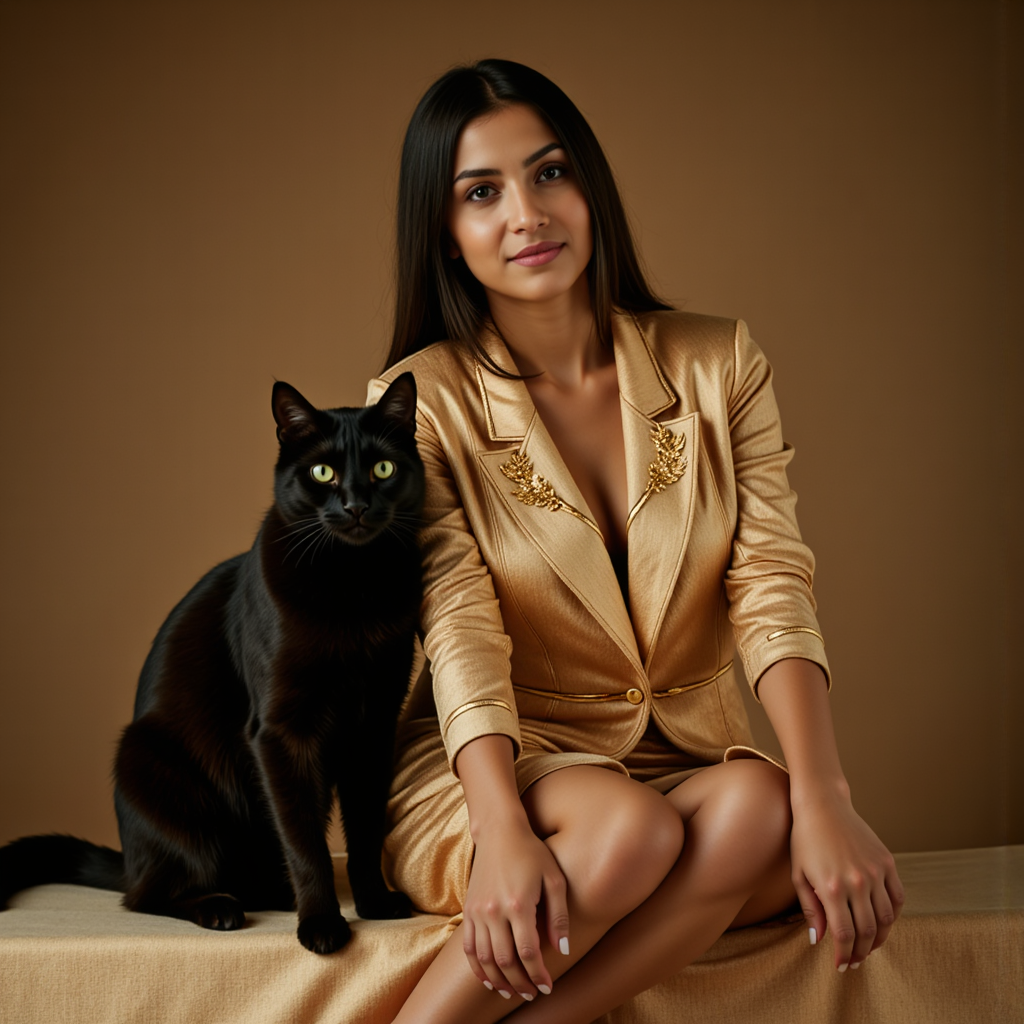 Женская фотосессия: Черная кошка, Египет, золото и свет.
 - Фотосессия с нейросетью