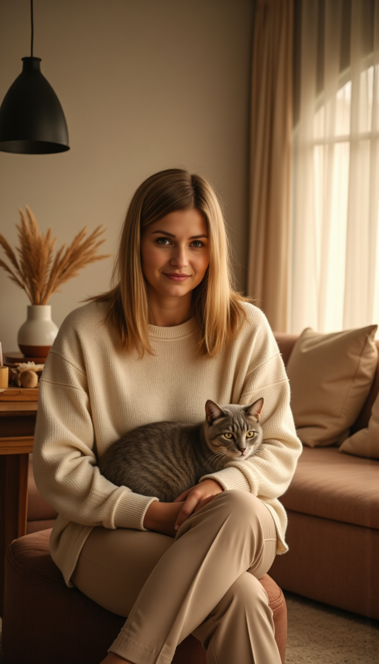 Уютная фотосессия с котиком: свет и боке
