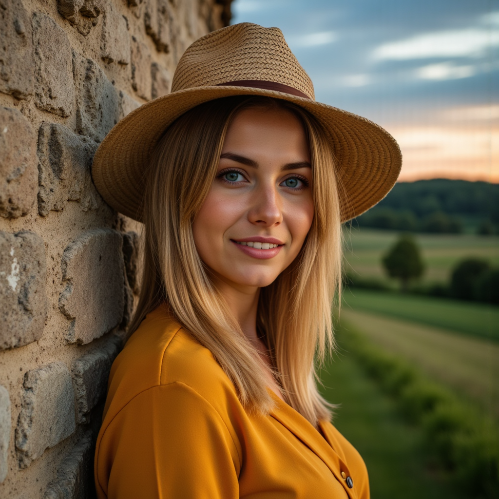 Нежная фотосессия: Девушка в поле и золотой свет
 - Фотосессия с ИИ AIQA